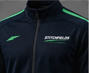 Navy team jacket with green shoulder stripes